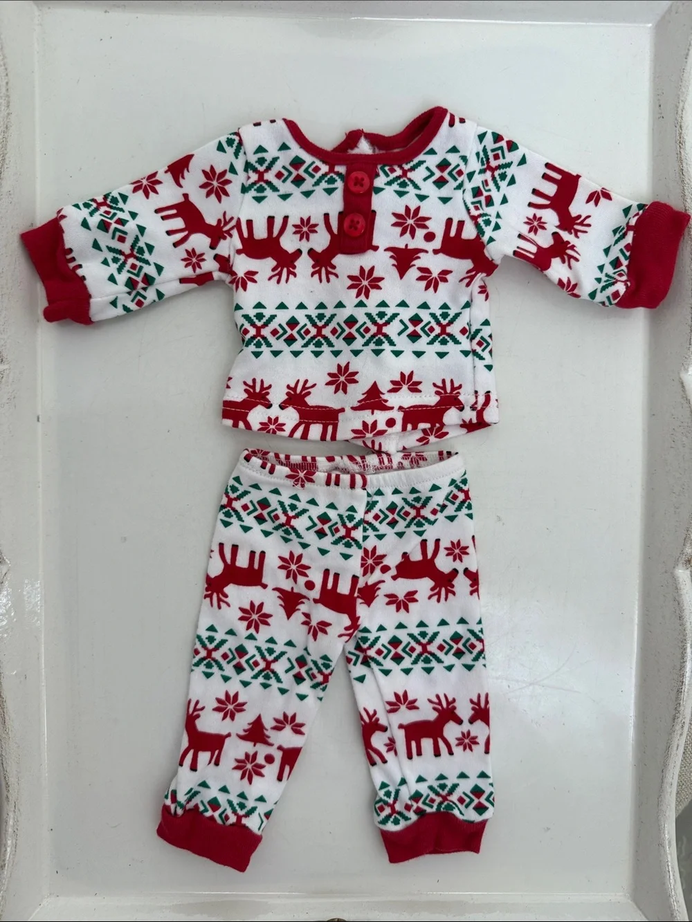 Dollie & Me Fair Isle Red, Green & White Reindeer 18” Doll Pajama Set